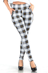 Wholesale Womens Tregging Skinny Pants With Zipper Pockets - White, Black, Mustard Plaid