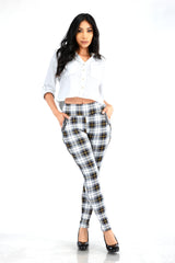 Wholesale Womens Tregging Skinny Pants With Zipper Pockets - White, Black, Mustard Plaid