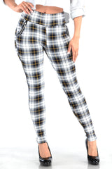 Wholesale Womens Tregging Skinny Pants With Zipper Pockets - White, Black, Mustard Plaid