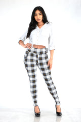 Wholesale Womens Tregging Skinny Pants With Zipper Pockets - White, Black, Mustard Plaid