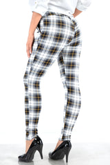 Wholesale Womens Tregging Skinny Pants With Zipper Pockets - White, Black, Mustard Plaid