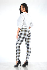 Wholesale Womens Tregging Skinny Pants With Zipper Pockets - White, Black, Mustard Plaid