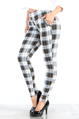 Wholesale Womens Tregging Skinny Pants With Zipper Pockets - White, Black, Mustard Plaid