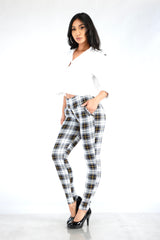 Wholesale Womens Tregging Skinny Pants With Zipper Pockets - White, Black, Mustard Plaid