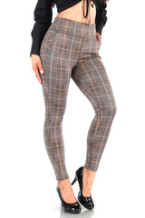 Wholesale Womens High Waist Sculpting Treggings With Front Pockets - Brown, Black, White Plaid