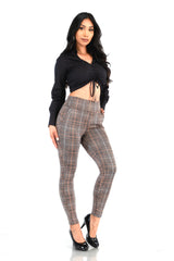 Wholesale Womens High Waist Sculpting Treggings With Front Pockets - Brown, Black, White Plaid