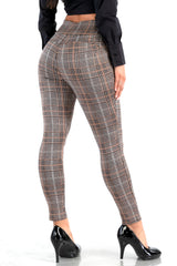 Wholesale Womens High Waist Sculpting Treggings With Front Pockets - Brown, Black, White Plaid