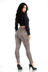 Wholesale Womens High Waist Sculpting Treggings With Front Pockets - Brown, Black, White Plaid