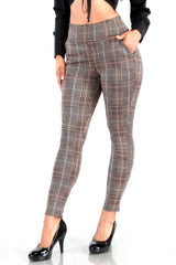 Wholesale Womens High Waist Sculpting Treggings With Front Pockets - Brown, Black, White Plaid