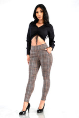 Wholesale Womens High Waist Sculpting Treggings With Front Pockets - Brown, Black, White Plaid