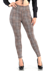 Wholesale Womens High Waist Sculpting Treggings With Front Pockets - Brown, Black, White Plaid