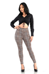 Wholesale Womens High Waist Sculpting Treggings With Front Pockets - Brown, Black, White Plaid