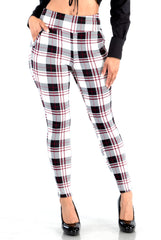 Wholesale Womens High Waist Sculpting Treggings With Front Pockets - White, Black, Red Plaid