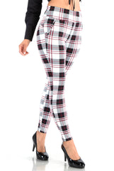 Wholesale Womens High Waist Sculpting Treggings With Front Pockets - White, Black, Red Plaid