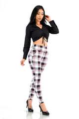 Wholesale Womens High Waist Sculpting Treggings With Front Pockets - White, Black, Red Plaid