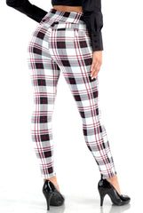 Wholesale Womens High Waist Sculpting Treggings With Front Pockets - White, Black, Red Plaid