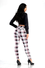 Wholesale Womens High Waist Sculpting Treggings With Front Pockets - White, Black, Red Plaid