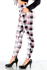 Wholesale Womens High Waist Sculpting Treggings With Front Pockets - White, Black, Red Plaid