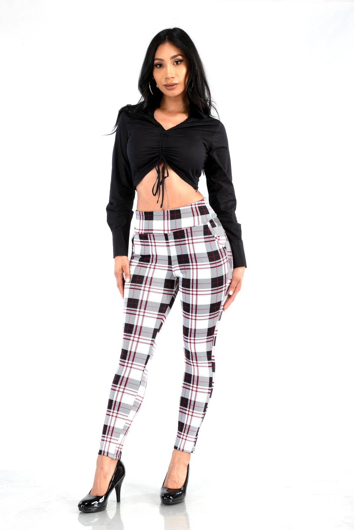 Wholesale Womens High Waist Sculpting Treggings With Front Pockets - White, Black, Red Plaid