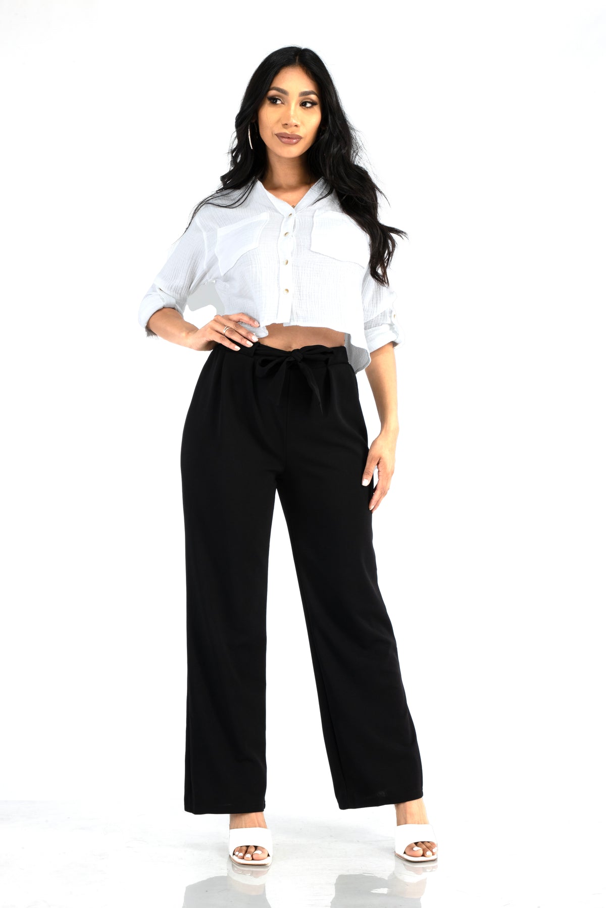 Wholesale Womens Knit Crepe Straight Leg Pants With Waist Tie - Black