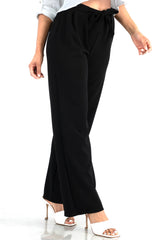 Wholesale Womens Knit Crepe Straight Leg Pants With Waist Tie - Black