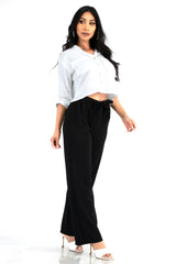 Wholesale Womens Knit Crepe Straight Leg Pants With Waist Tie - Black