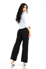 Wholesale Womens Knit Crepe Straight Leg Pants With Waist Tie - Black