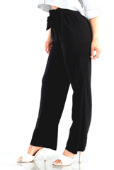 Wholesale Womens Knit Crepe Straight Leg Pants With Waist Tie - Black