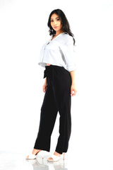 Wholesale Womens Knit Crepe Straight Leg Pants With Waist Tie - Black