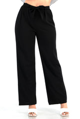 Wholesale Womens Knit Crepe Straight Leg Pants With Waist Tie - Black