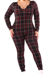 Wholesale Womens Plus Size Holiday Print Fleece Lined Jumpsuit Onesie - Black & Red Plaid