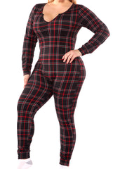 Wholesale Womens Plus Size Holiday Print Fleece Lined Jumpsuit Onesie - Black & Red Plaid