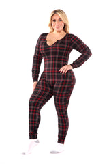 Wholesale Womens Plus Size Holiday Print Fleece Lined Jumpsuit Onesie - Black & Red Plaid