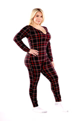 Wholesale Womens Plus Size Holiday Print Fleece Lined Jumpsuit Onesie - Black & Red Plaid