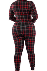 Wholesale Womens Plus Size Holiday Print Fleece Lined Jumpsuit Onesie - Black & Red Plaid