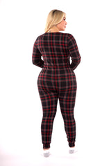 Wholesale Womens Plus Size Holiday Print Fleece Lined Jumpsuit Onesie - Black & Red Plaid