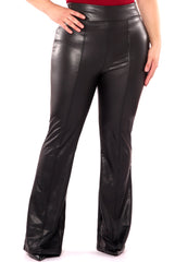 Wholesale Womens Plus Size High Waist Sculpting PU Faux Leather Flare Pants - Black