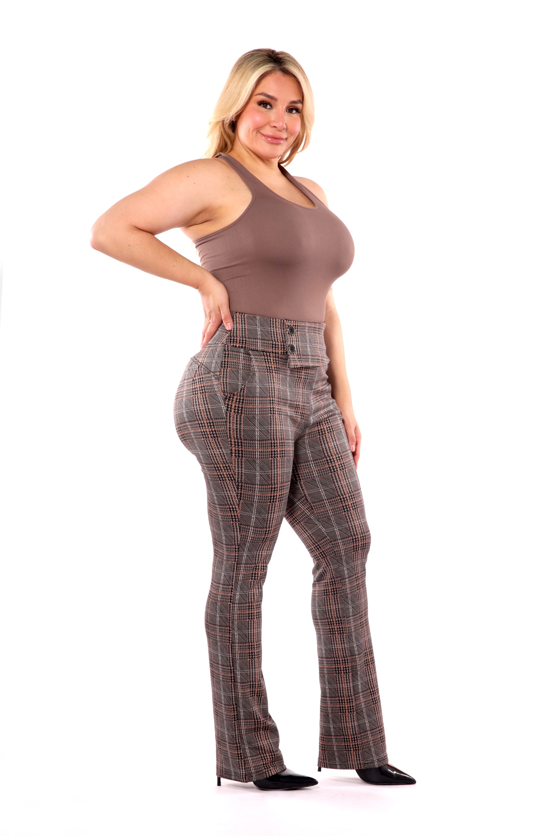 Wholesale Womens Plus Size Asymmetrical Button Waist Flare Pants - Khaki,  Brown Plaid