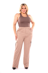 Wholesale Womens Plus Size High Rise Straight Leg Cargo Pants - Latte