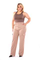 Wholesale Womens Plus Size High Rise Straight Leg Cargo Pants - Latte