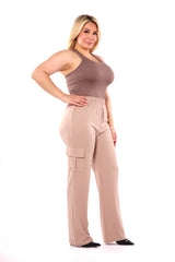 Wholesale Womens Plus Size High Rise Straight Leg Cargo Pants - Latte