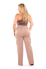 Wholesale Womens Plus Size High Rise Straight Leg Cargo Pants - Latte