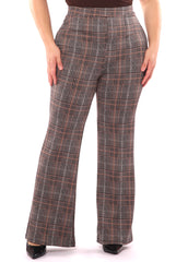 Wholesale Womens Plus Size High Waist Flare Pants With Front Seam Detail - Khaki, Brown Plaid