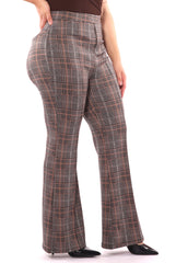 Wholesale Womens Plus Size High Waist Flare Pants With Front Seam Detail - Khaki, Brown Plaid