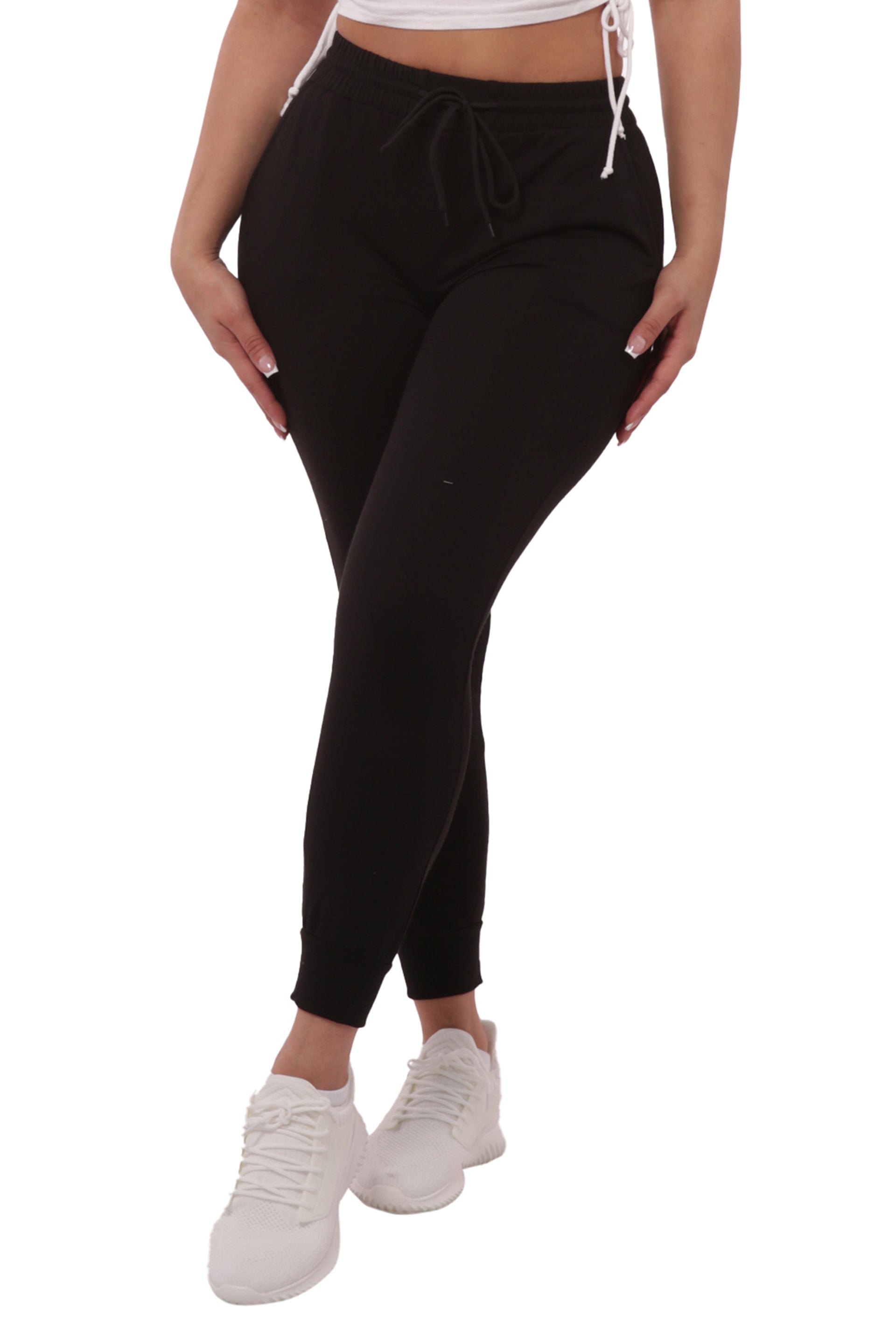 Wholesale Womens Soft French Terry Joggers With Shoe Lace Tie - Black