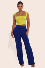 Wholesale Womens High Waist Straight Leg Pants With O-Ring Buckle Waist Detail - Surf The Web Blue