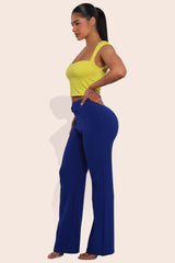 Wholesale Womens High Waist Straight Leg Pants With O-Ring Buckle Waist Detail - Surf The Web Blue