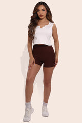 Wholesale Womens Rib Knit High Waist Hot Shorts - Chocolate Brown