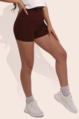 Wholesale Womens Rib Knit High Waist Hot Shorts - Chocolate Brown