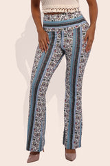 Wholesale Womens High Waist Buttery Soft Flare Palazzo Pants - White, Light Blue, Green, Pink Boho Print